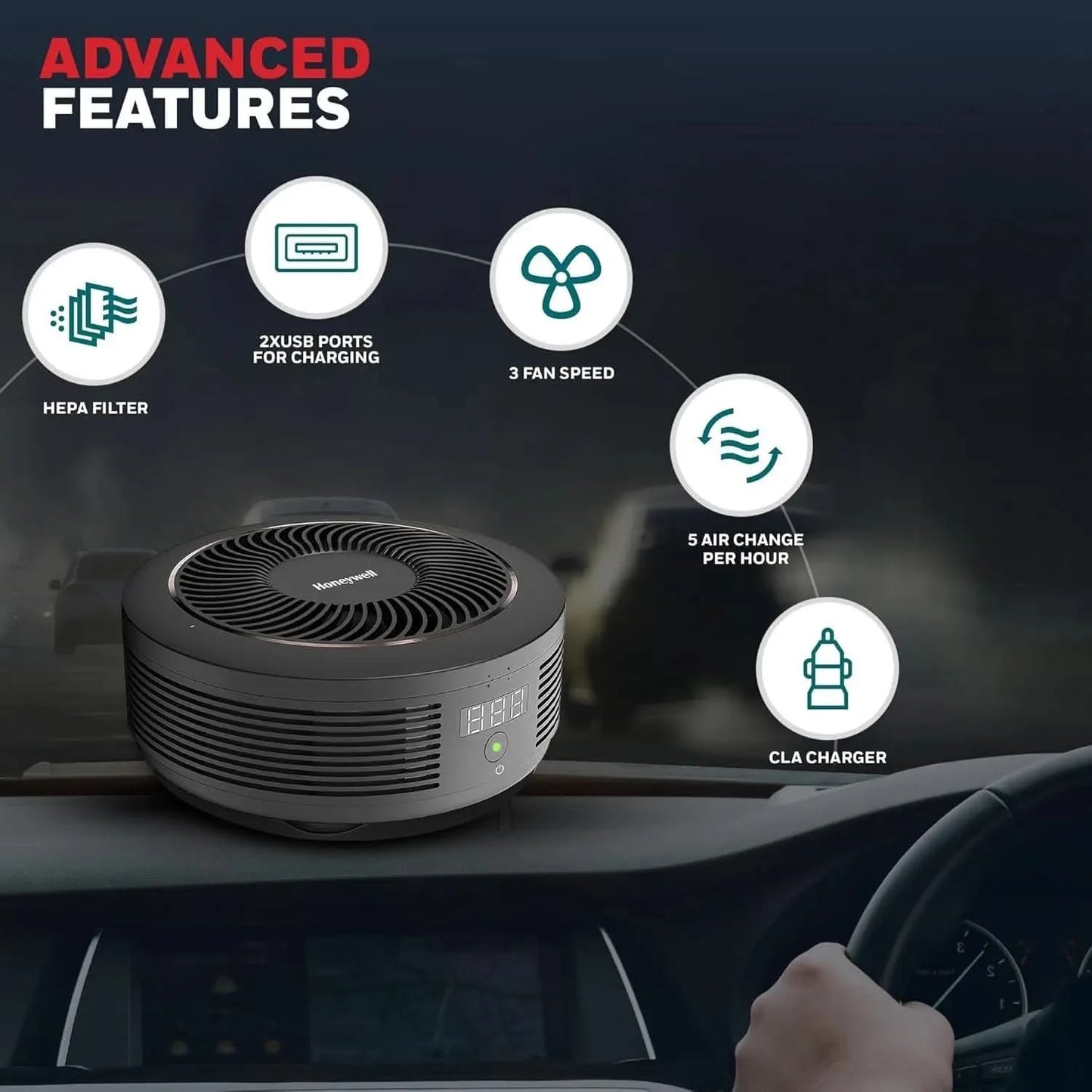 Honeywell New Launched Move Pure 4 Car Air Purifier, 3-in-1 Filtration, HEPA filter, removes 99.99% of PM2.5 & PM10, odour, VOCs, dust, smoke, & harmful bacteria, 2XUSB ports, Compact & Easy Install