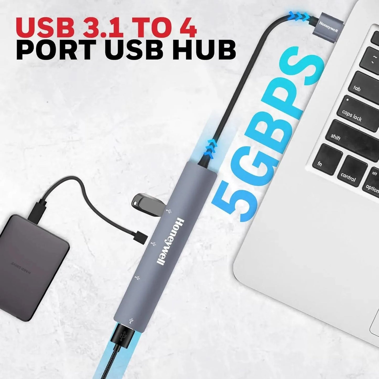 Honeywell Newly Launched 4-in-1 Ultra Slim USB Hub 1xUSB 3.0 & 3 x USB 2.0 Ports, 30cms Cable, DataTransfer Speed Upto 5GBPS,Universally Compatible with All USB,PC,Speaker,Laptop,Hard Drive etc.