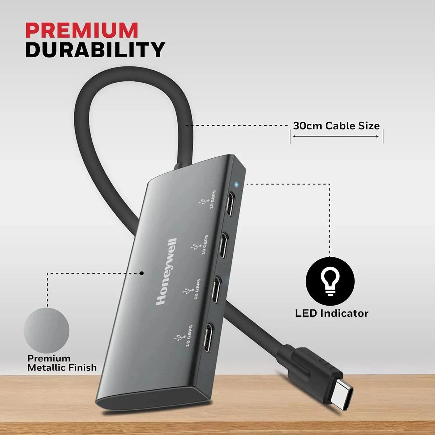 Honeywell Newly Launched Momentum Type C to 4xUSB C 3.2 Gen 2 Port Type C Hub, 10 Gbps Transmission Speed, 30 cms, Premium Metallic Finish, Compatible with All Type C Port Devices