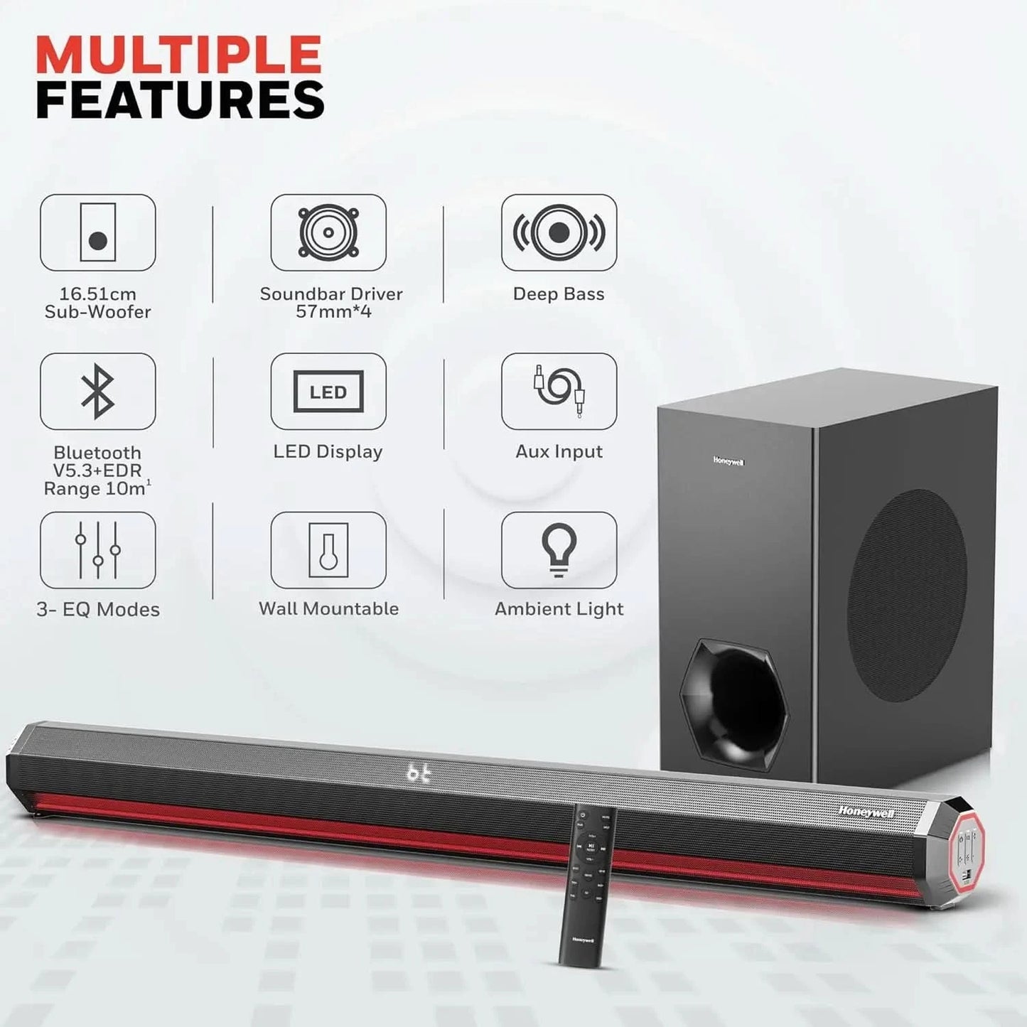 Honeywell Newly Launched Trueno U4000 Soundbar 240W, 2.1Ch Surround Sound Home Theatre, Deep Bass Subwoofer,3 EQ Modes,LED Display & Ambient Light,BT v5.3, AUX,USB,Optical Input,HDMI/ARC,Sleek Remote
