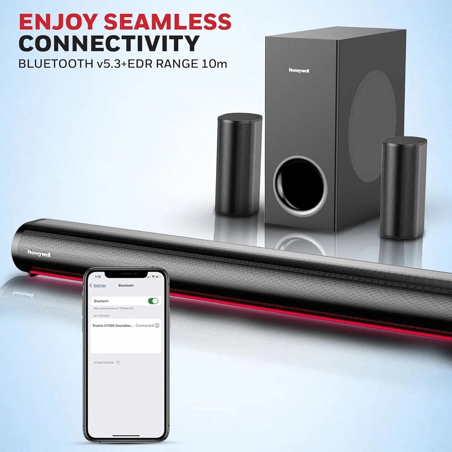 Honeywell Newly Launched Trueno U7000 Dolby Audio Soundbar 500W, 5.1Ch Surround Sound Home Theatre, Deep Bass Subwoofer, 2 Satellite Speakers, 6 EQ Modes, BT v5.3, AUX, USB, Optical Input, & HDMI/ARC