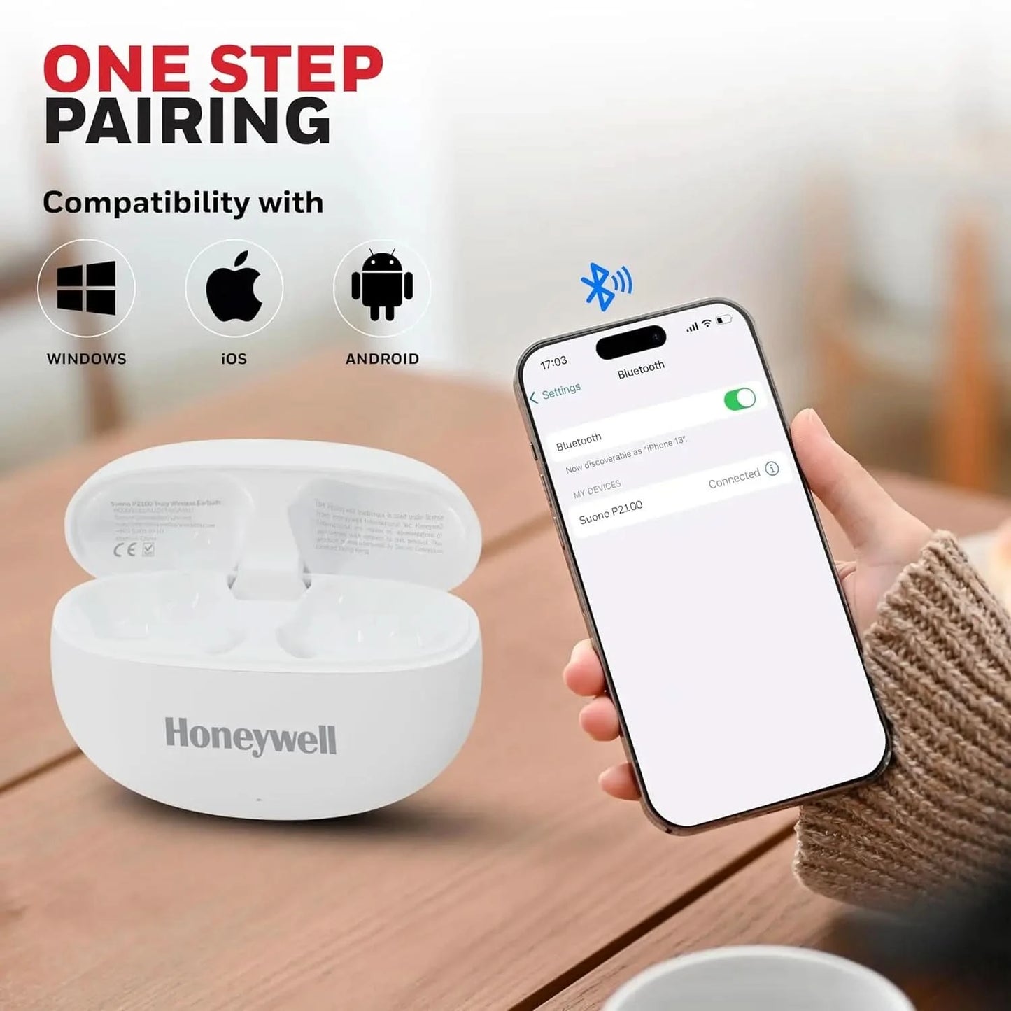 Honeywell Suono P2100 Bluetooth in Ear TWS Earbuds with 50h of Playtime, ENC Mode, 4 Mics, Type C Fast Charging, Low Latency Mode for Gaming, BT v5.3, 13mm Drivers, Voice Assistant,2 Years Warranty