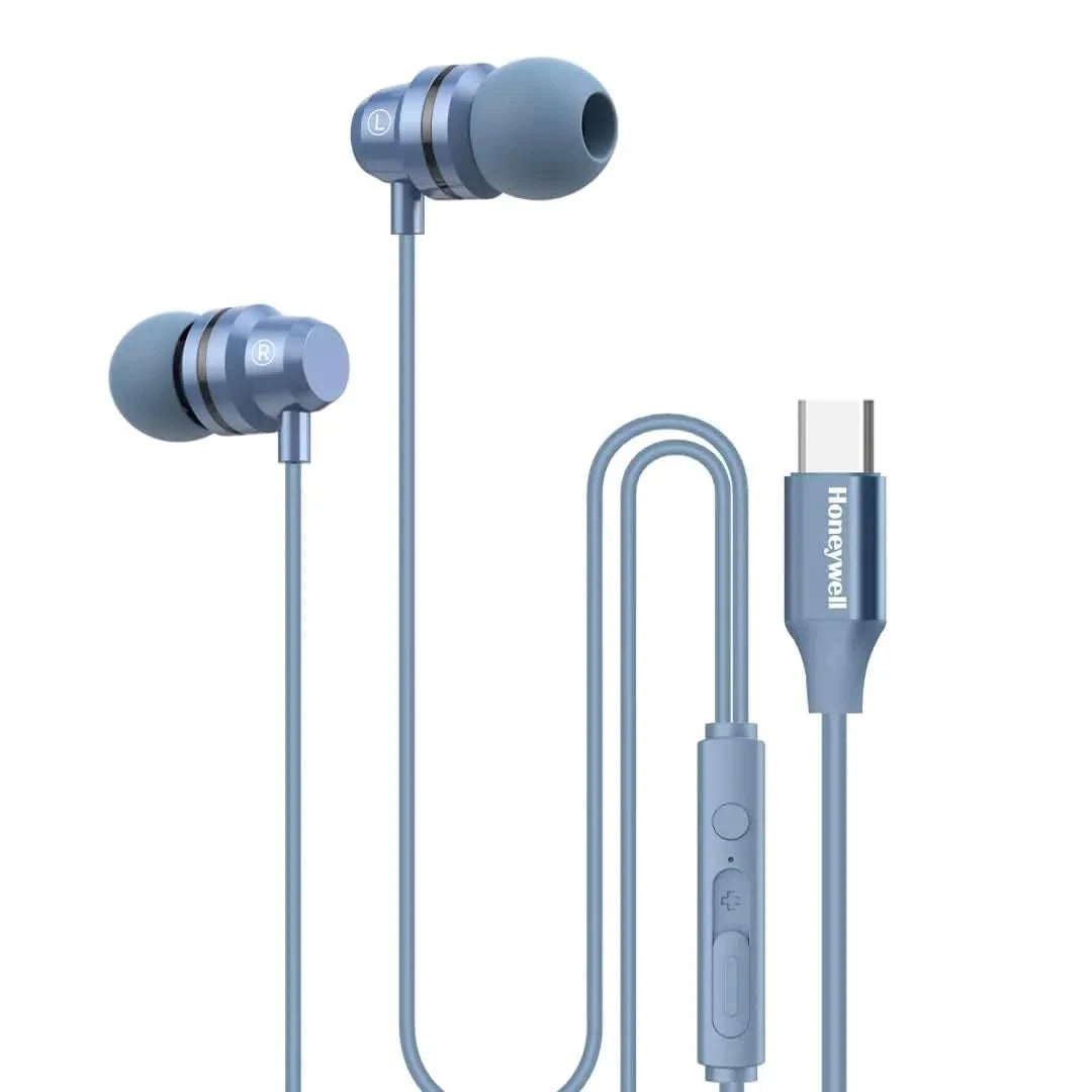 Honeywell Suono P60 Wired Earphones with Built in Mic, 10mm*2 Drivers, Passive Noise Cancellation, Deep Bass & Clear Sound, Ultra HD Mic Quality, Type C Compatible, Voice Assistant Enabled, 1.2 Mtr Blue