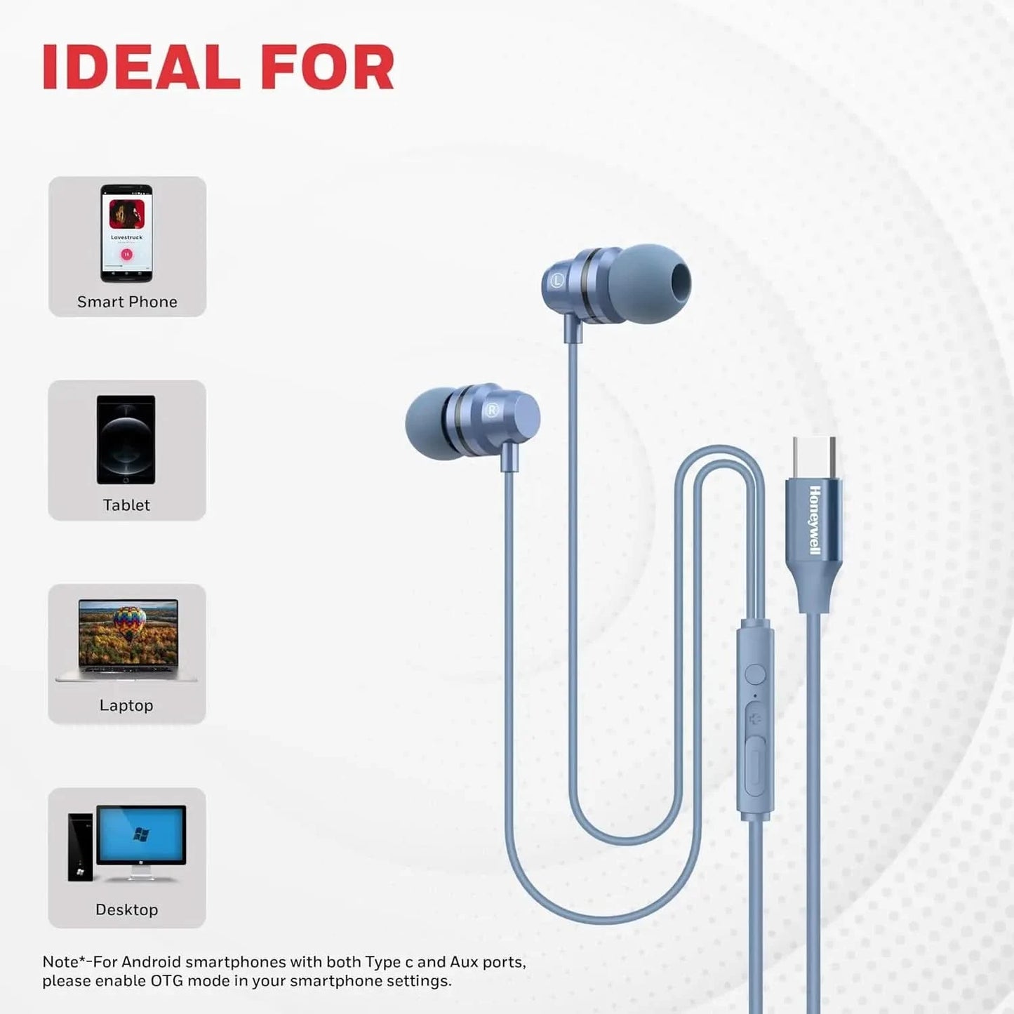 Honeywell Suono P60 Wired Earphones with Built in Mic, 10mm*2 Drivers, Passive Noise Cancellation, Deep Bass & Clear Sound, Ultra HD Mic Quality, Type C Compatible, Voice Assistant Enabled, 1.2 Mtr Blue