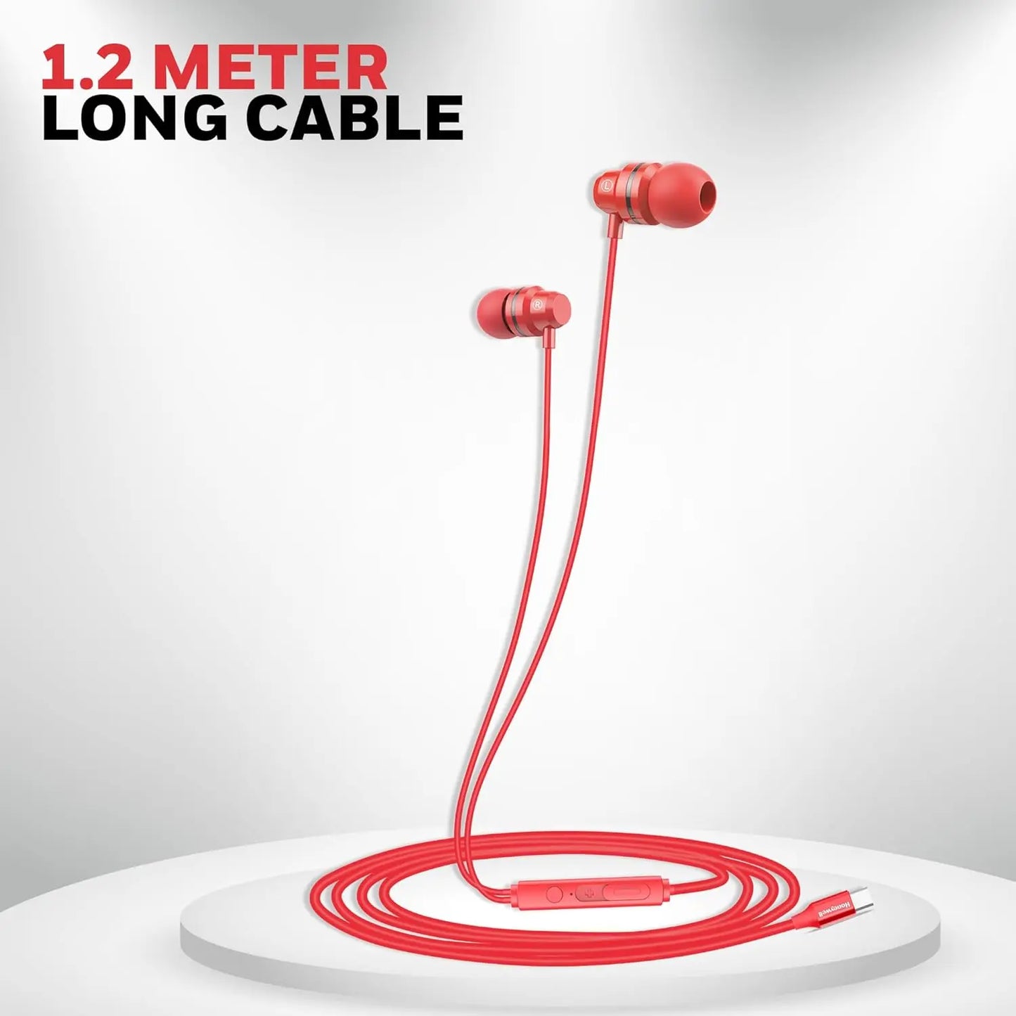 Honeywell Suono P60 Wired Earphones with Built in Mic, 10mm*2 Drivers, Passive Noise Cancellation, Deep Bass & Clear Sound, Ultra HD Mic Quality, Type C Compatible, Voice Assistant Enabled, 1.2 Mtr Red