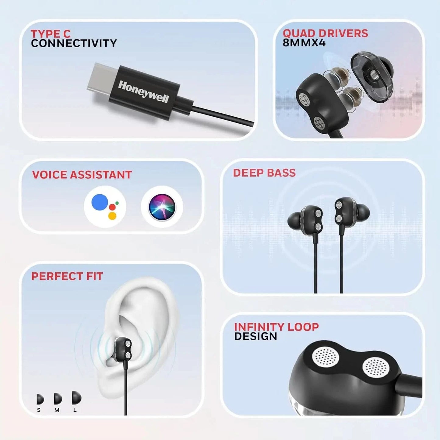 Honeywell Suono P80 Wired Gaming In Ear Earphones with Built-in Mic, 8mm*4 Drivers, IPX4, Noise Cancelling and ultra HD Mic, HD Sound & Clear Audio, Type C Compatible, Voice Assistant Enabled, 1.3 Mtr
