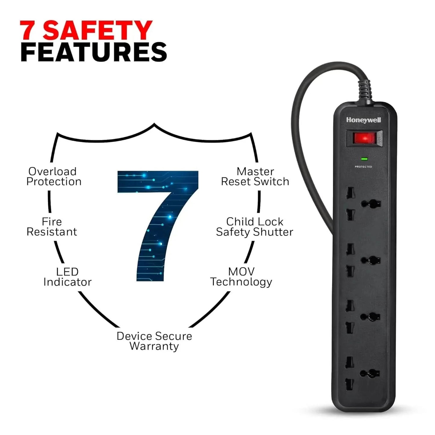Honeywell Surge Protector, 4 Universal Sockets,15000Amp, 2 Meter Cord, Device Secure Warranty, Automatic Overload Protection, Spike Guard/Extension Board, Master Switch, 3Years Manufacturer Warranty