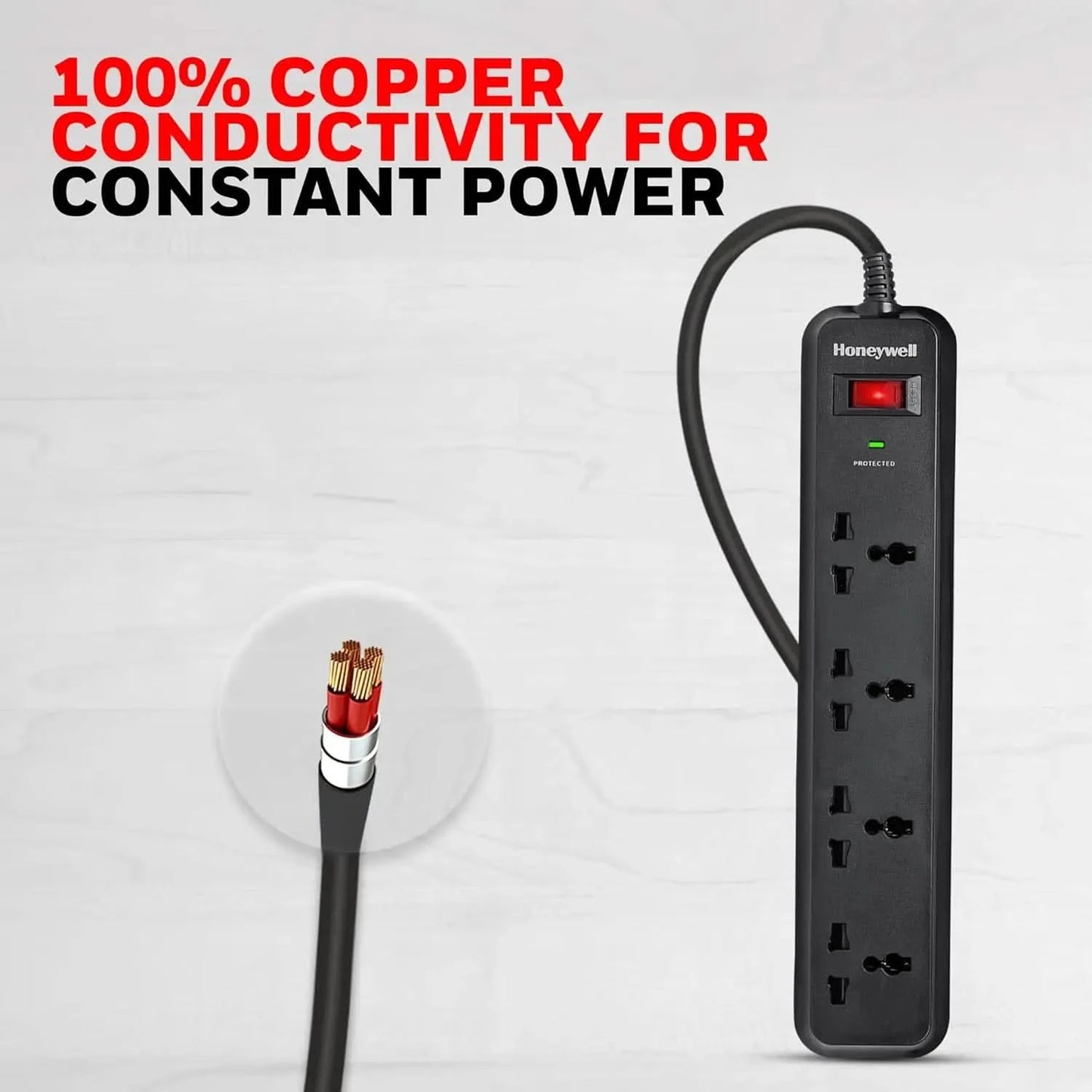 Honeywell Surge Protector, 4 Universal Sockets,15000Amp, 2 Meter Cord, Device Secure Warranty, Automatic Overload Protection, Spike Guard/Extension Board, Master Switch, 3Years Manufacturer Warranty