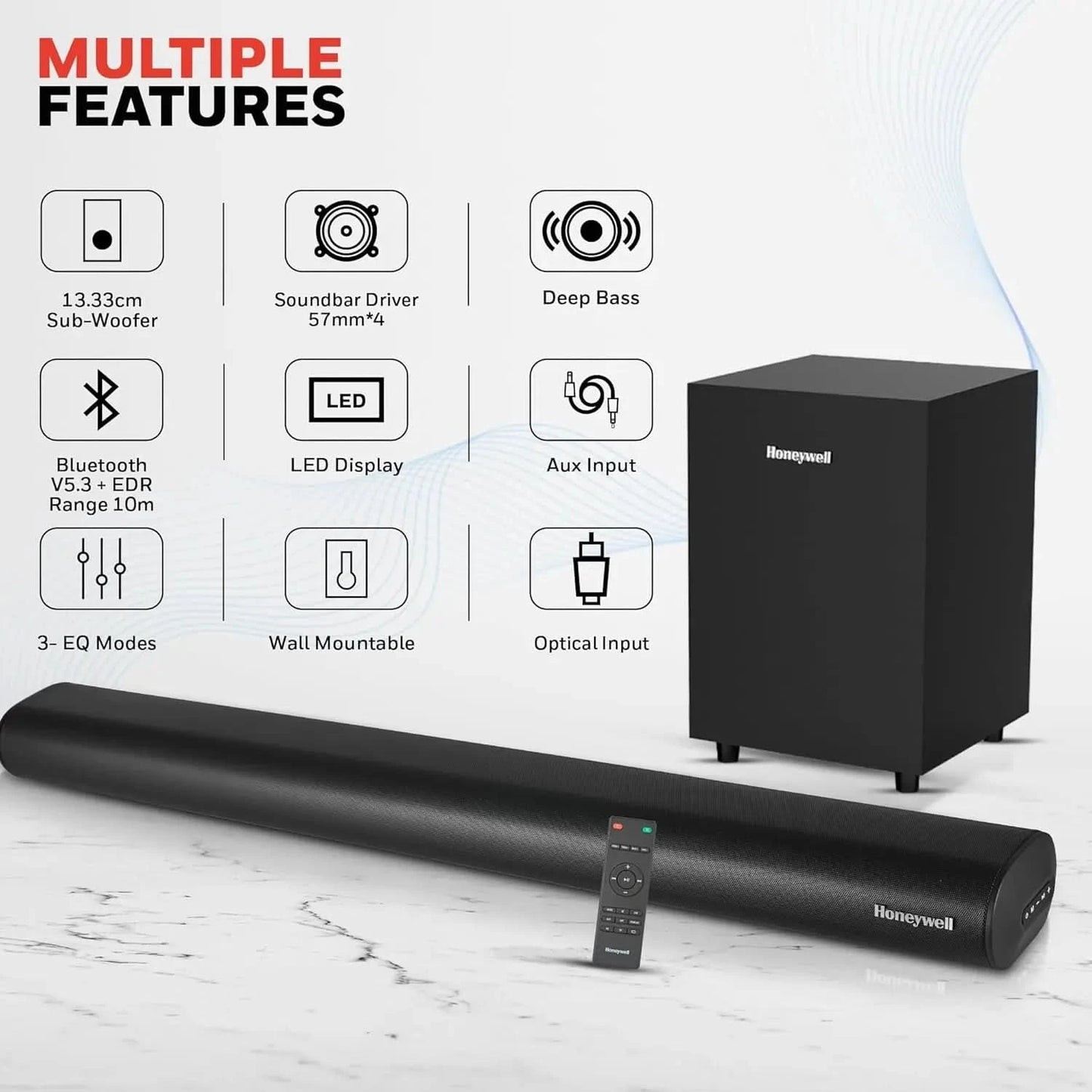 Honeywell Trueno U2000 160W Soundbar with Subwoofer, 2.1 Channel Home Theatre, 57mm*4 Drivers, Bluetooth V5.3, with Remote, 3 EQ Mode, BT, AUX, USB, Optical & HDMI-2 Years Warranty