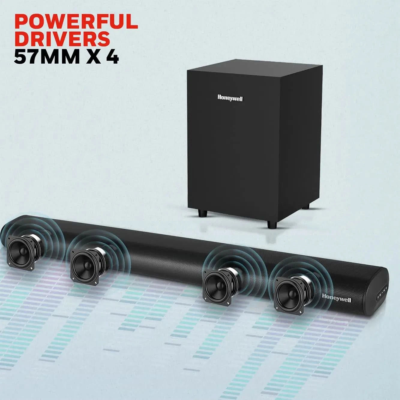 Honeywell Trueno U2000 160W Soundbar with Subwoofer, 2.1 Channel Home Theatre, 57mm*4 Drivers, Bluetooth V5.3, with Remote, 3 EQ Mode, BT, AUX, USB, Optical & HDMI-2 Years Warranty