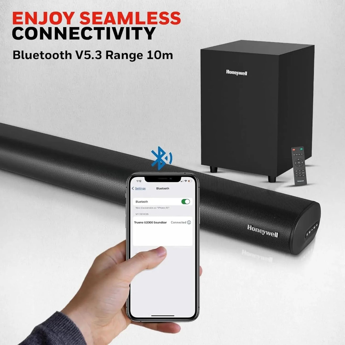 Honeywell Trueno U2000 160W Soundbar with Subwoofer, 2.1 Channel Home Theatre, 57mm*4 Drivers, Bluetooth V5.3, with Remote, 3 EQ Mode, BT, AUX, USB, Optical & HDMI-2 Years Warranty