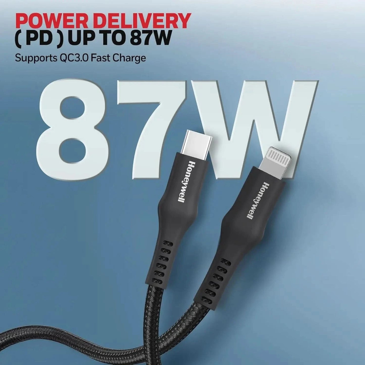 Honeywell Type C to Lightning, 4 Feet (1.2M), Nylon Braided Cable, MFI-certified, QC3.0, PD 87W Support with Max Output 3A, Fast Charge & Sync Cable for iPhone, iPad, AirPods – Black