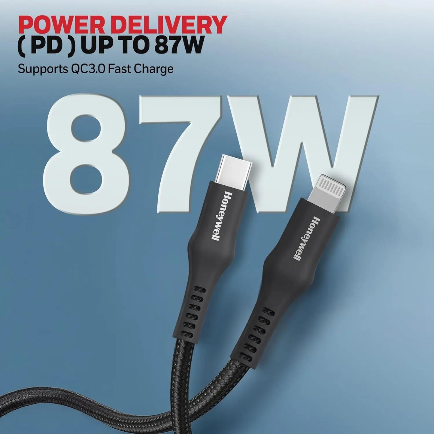 Honeywell Type C to Lightning, 4 Feet (1.2M), Nylon Braided Cable, MFI-certified, QC3.0, PD 87W Support with Max Output 3A, Fast Charge & Sync Cable for iPhone, iPad, AirPods – White