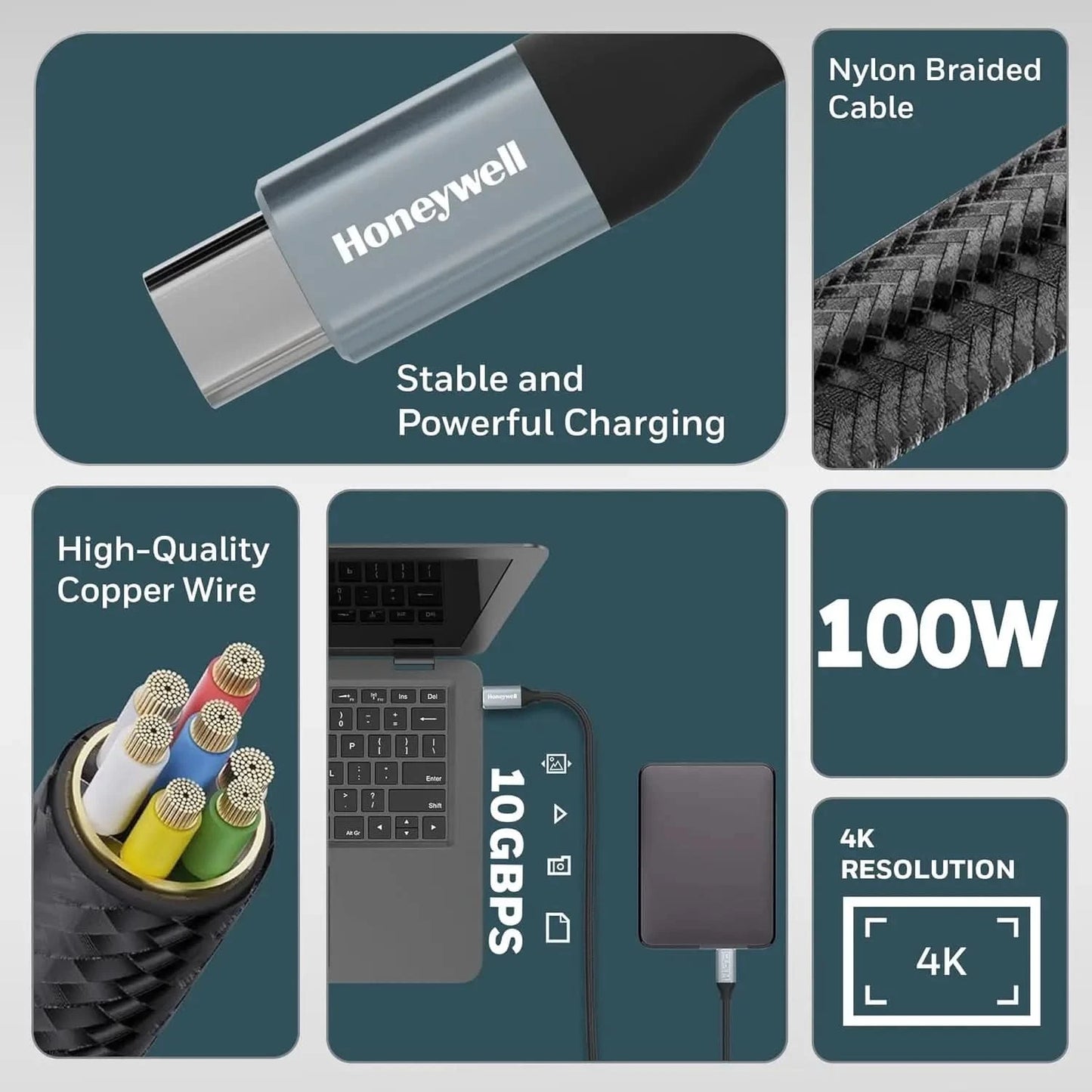 Honeywell Type C to Type C USB 3.1 Cable, 4 Feet (1.2M), Max Output 5A 100W, QC 3.0, Fast Charge, Compatible with Apple Devices, Smartphones, Laptops, Power Banks, Tablets, Headphones, Speakers Black