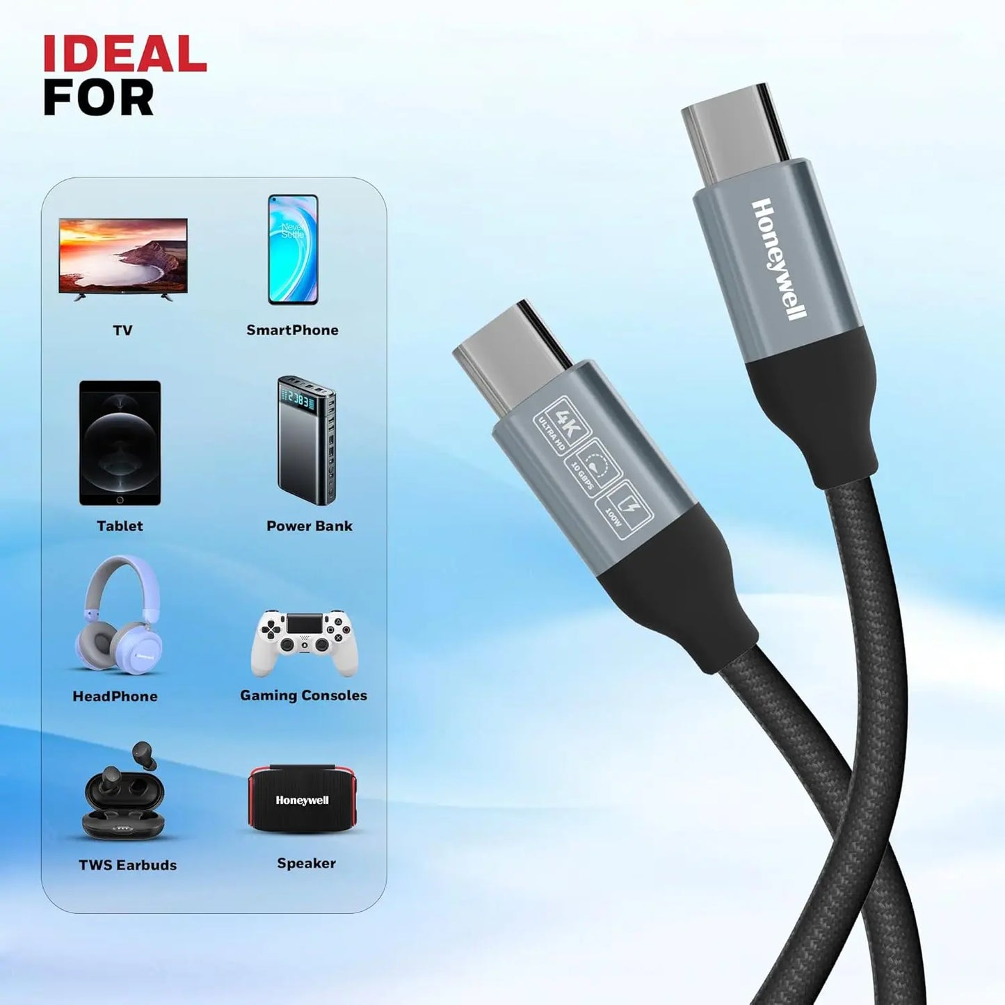 Honeywell Type C to Type C USB 3.1 Cable, 4 Feet (1.2M), Max Output 5A 100W, QC 3.0, Fast Charge, Compatible with Apple Devices, Smartphones, Laptops, Power Banks, Tablets, Headphones, Speakers Black