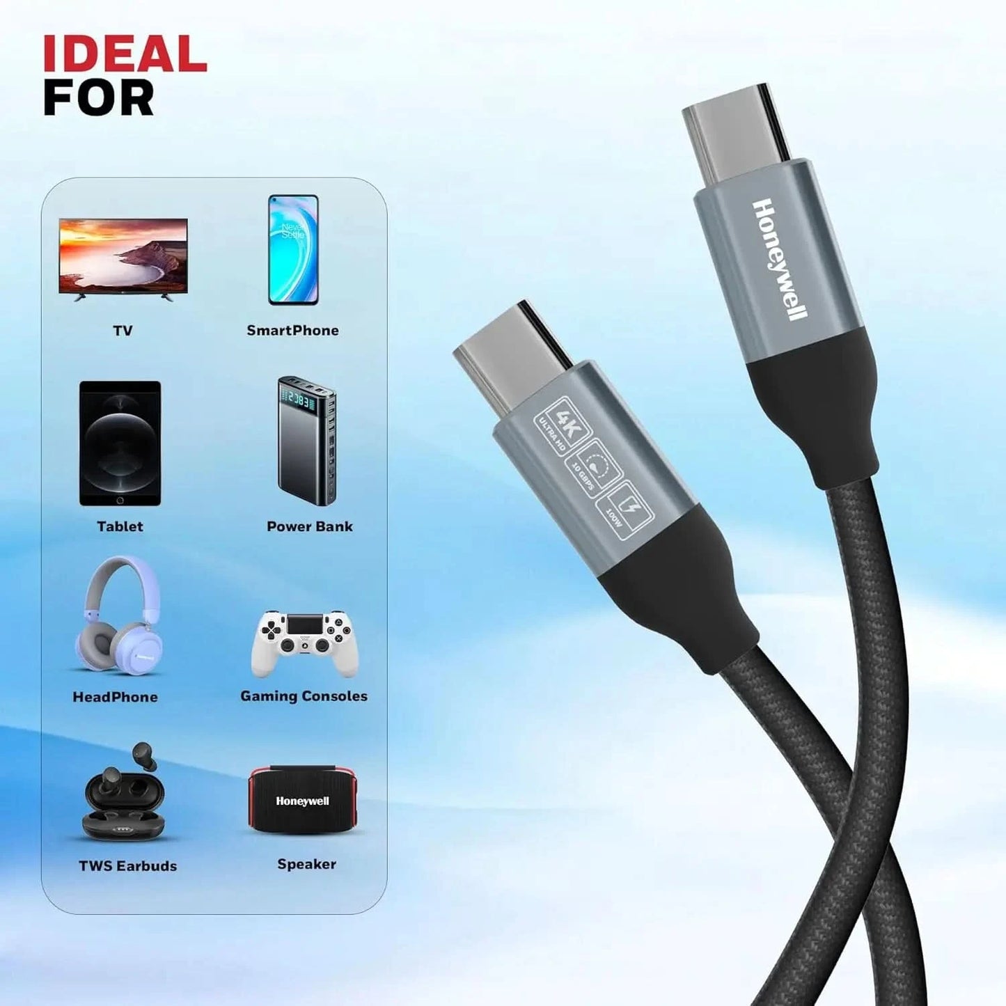 Honeywell Type C to Type C USB 3.1 Cable, 4 Feet (1.2M), Max Output 5A 100W, QC 3.0, Fast Charge, Compatible with Apple Devices, Smartphones, Laptops, Power Banks, Tablets, Headphones, Speakers Black