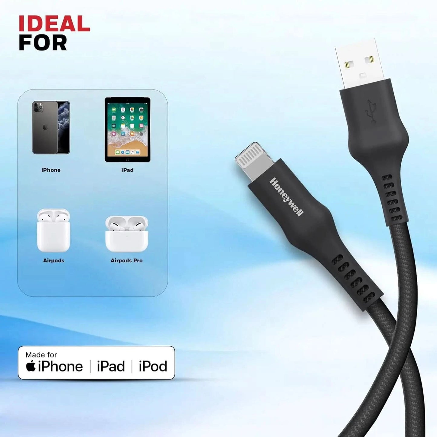 Honeywell USB A to Lightning, 4 Feet (1.2M), Nylon Braided Cable, MFI-certified, QC3.0, 2.4 A Max Output, Fast Charge & Sync Cable for iPhone, iPad, AirPods – White