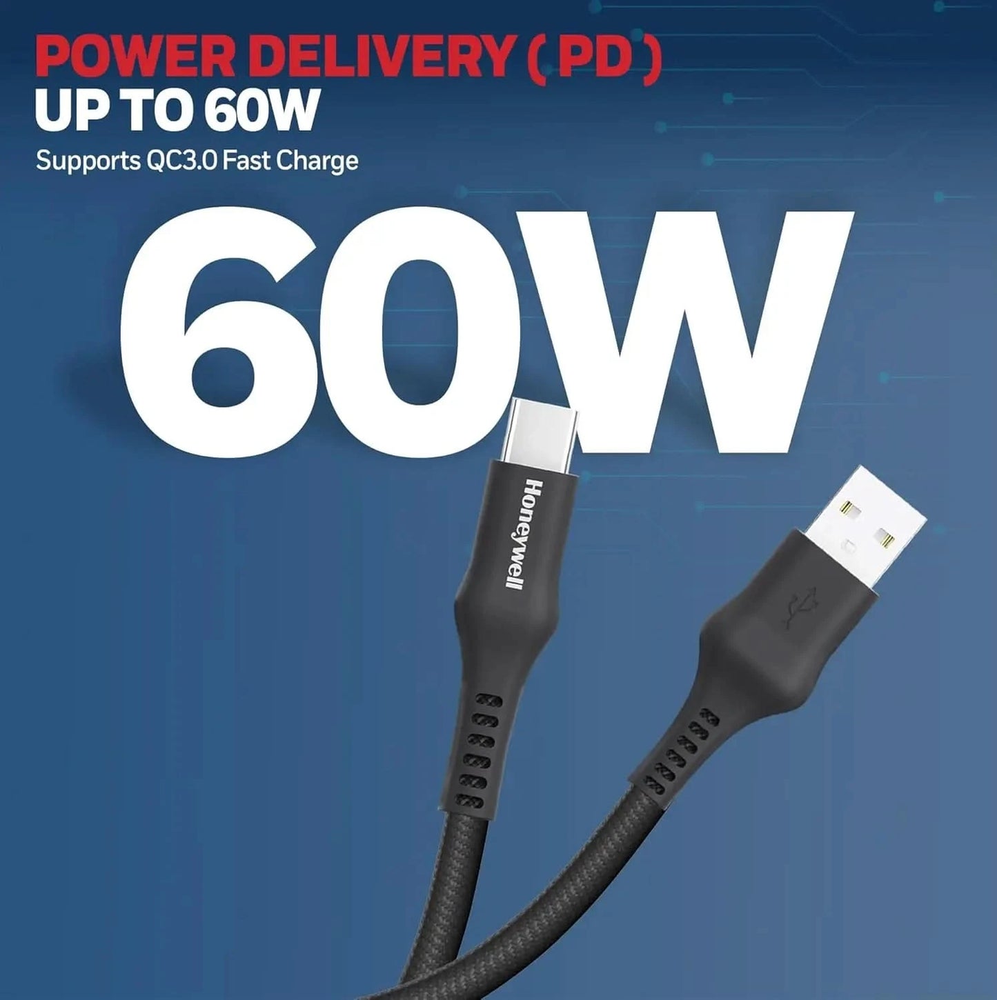 Honeywell USB A to Type C Cable, 4 Feet (1.2M), PD 60W, QC 3.0, Fast Charge & Sync Cable, Nylon Braided Cable for Apple Devices, Smartphones, Laptops, Power Banks, Tablets, Headphones, Speakers Black