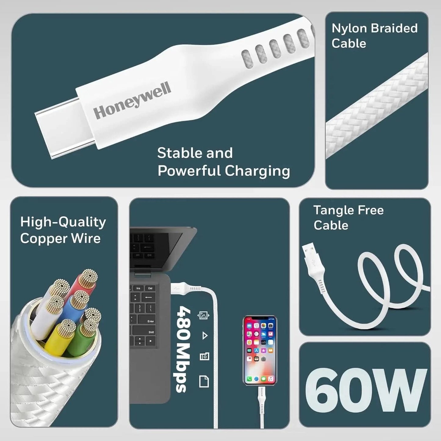 Honeywell USB A to Type C Cable, 4 Feet (1.2M), PD 60W, QC 3.0, Fast Charge & Sync Cable, Nylon Braided Cable for Apple Devices, Smartphones, Laptops, Power Banks, Tablets, Headphones, Speakers White
