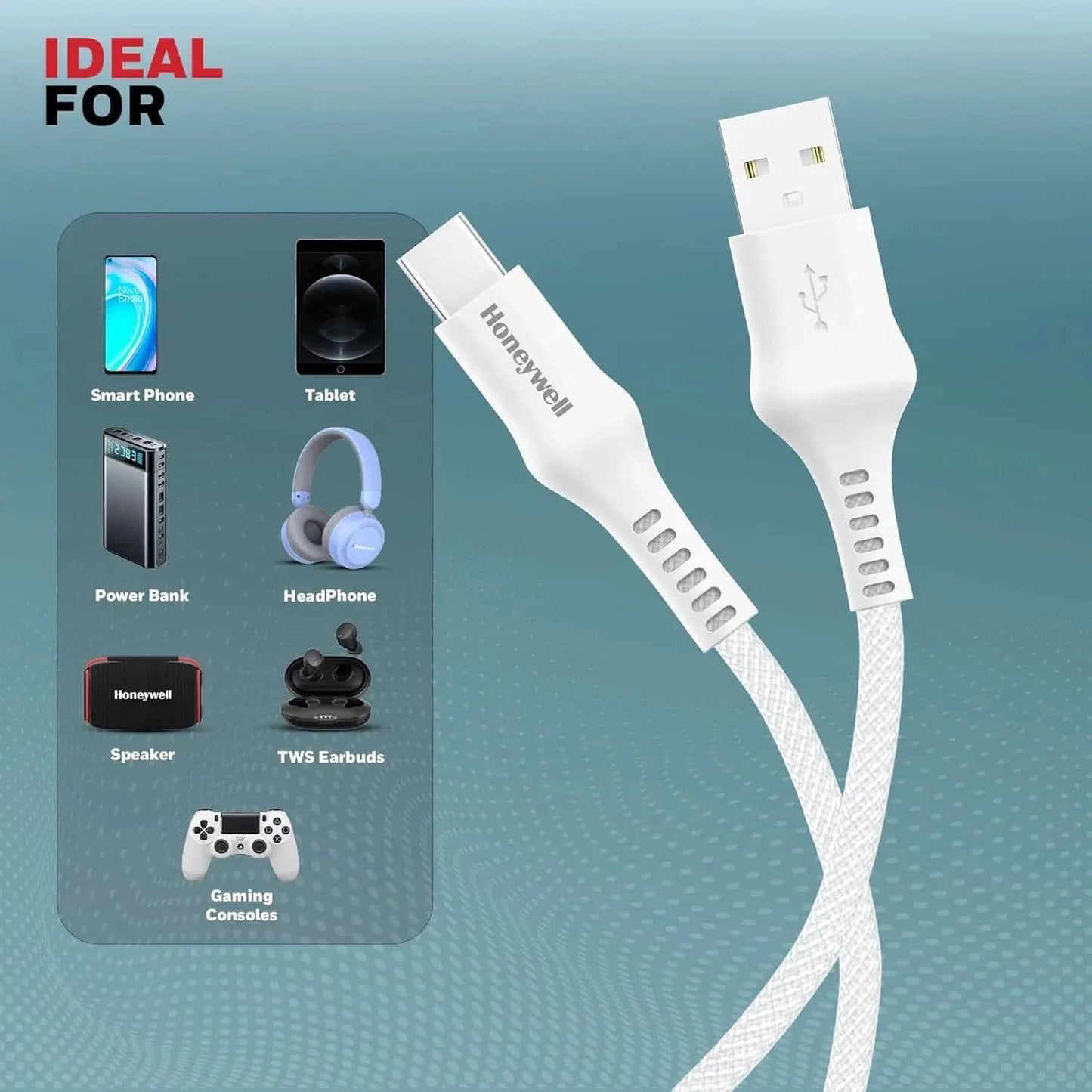 Honeywell USB A to Type C Cable, 4 Feet (1.2M), PD 60W, QC 3.0, Fast Charge & Sync Cable, Nylon Braided Cable for Apple Devices, Smartphones, Laptops, Power Banks, Tablets, Headphones, Speakers White