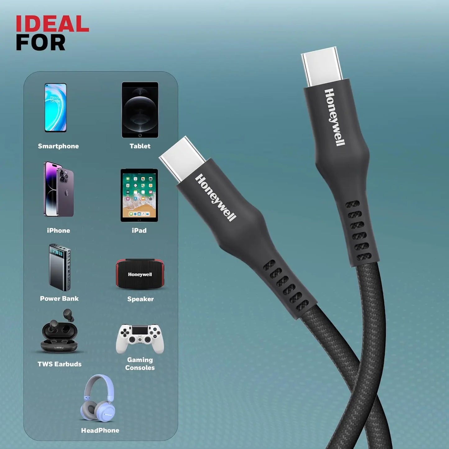 Honeywell USB Type C to Type C Cable, 4 Feet (1.2M), PD 60W, QC 3.0, Fast Charging, Nylon Braided Cable for Apple Devices, Smartphones, Laptops, Power Banks, Tablets, Headphones, Speakers – White