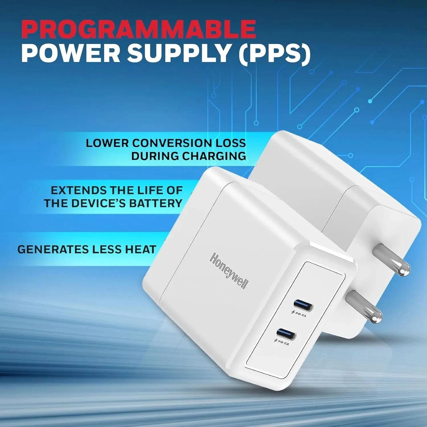 Honeywell Zest Charger GaN 45W, Ultra-Fast Wall Charger with PPS Support, 2xType C PD 3.0 Port, BIS Certified