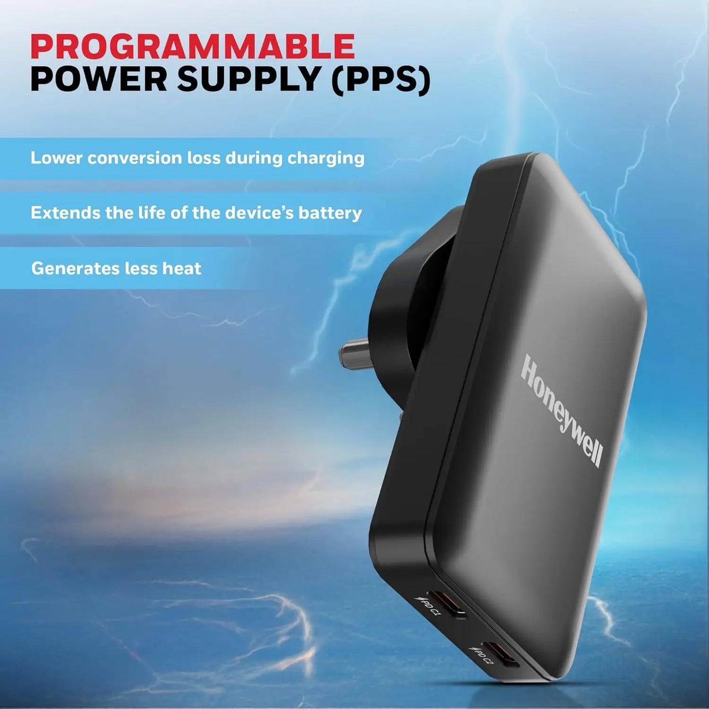 Honeywell Zest Ultra-Thin GaN 45W Dual Type-C PD 3.0 Wall Charger with PPS Support, Ultra-Fast Charging, Compatible with iPhone, iPad Pro, Pixel, Galaxy, OnePlus, Tablets & Smartwatches