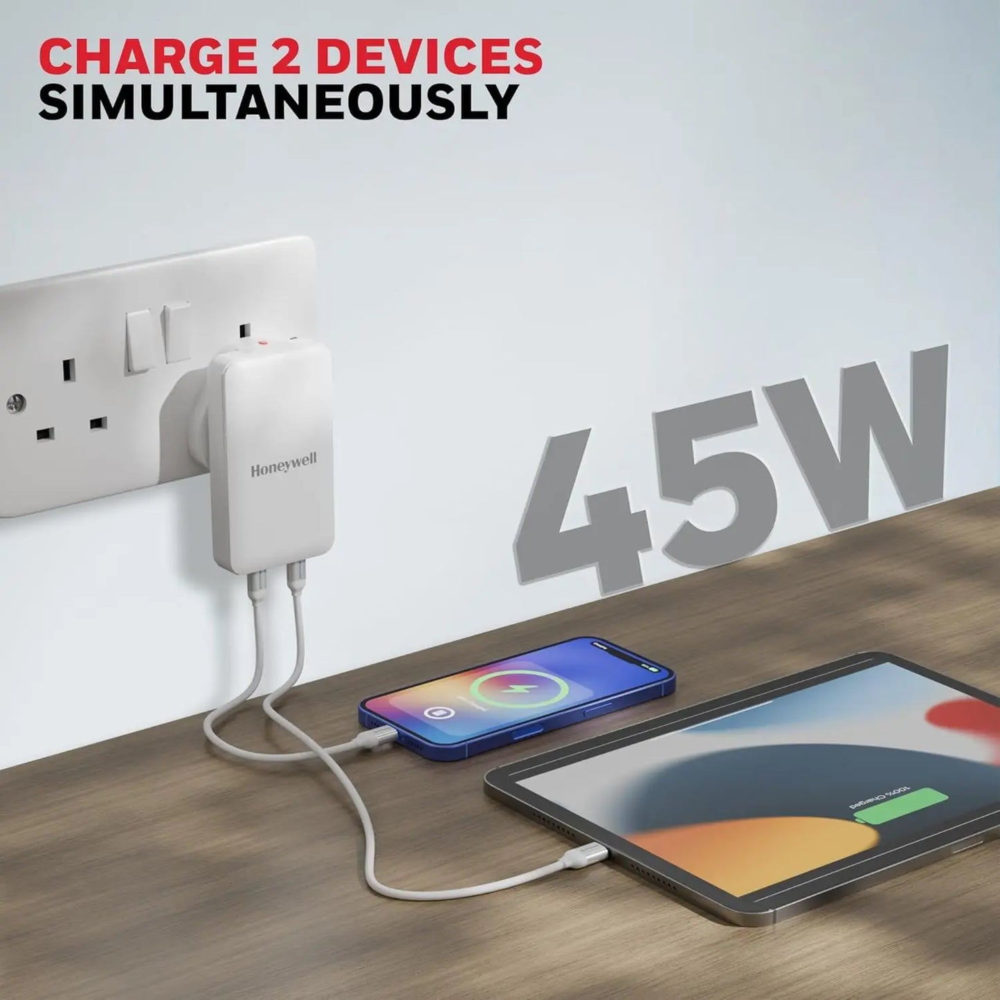 Honeywell Zest Ultra-Thin GaN 45W Dual Type-C PD 3.0 Wall Charger with PPS Support, Ultra-Fast Charging, Compatible with iPhone, iPad Pro, Pixel, Galaxy, OnePlus, Tablets & Smartwatches White