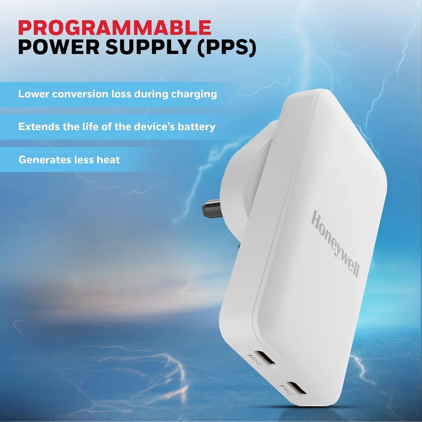 Honeywell Zest Ultra-Thin GaN 45W Dual Type-C PD 3.0 Wall Charger with PPS Support, Ultra-Fast Charging, Compatible with iPhone, iPad Pro, Pixel, Galaxy, OnePlus, Tablets & Smartwatches White