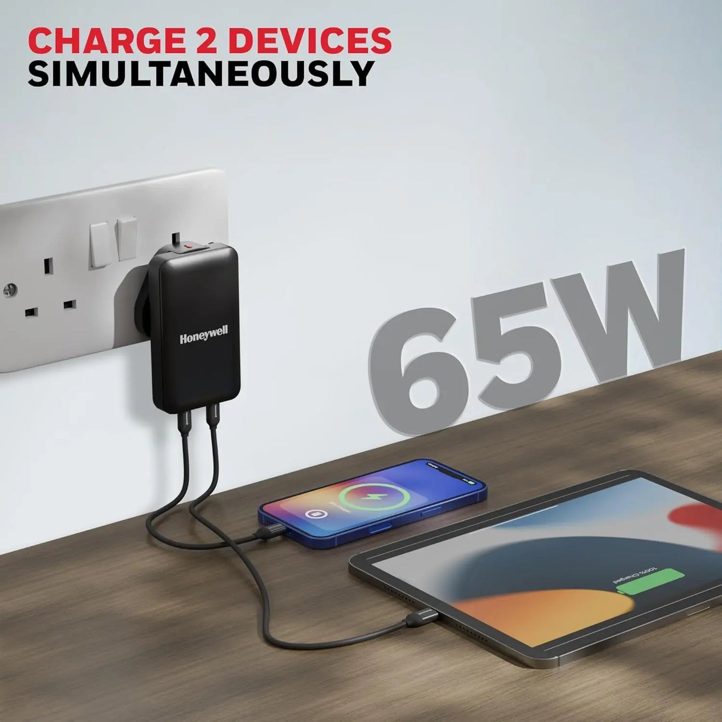Honeywell Zest Ultra-Thin GaN 65W Dual Type-C PD 3.0 Wall Charger with PPS Support, Ultra-Fast Charging, Compatible with iPhone, iPad Pro, Pixel, Galaxy, OnePlus, Tablets & Smartwatches