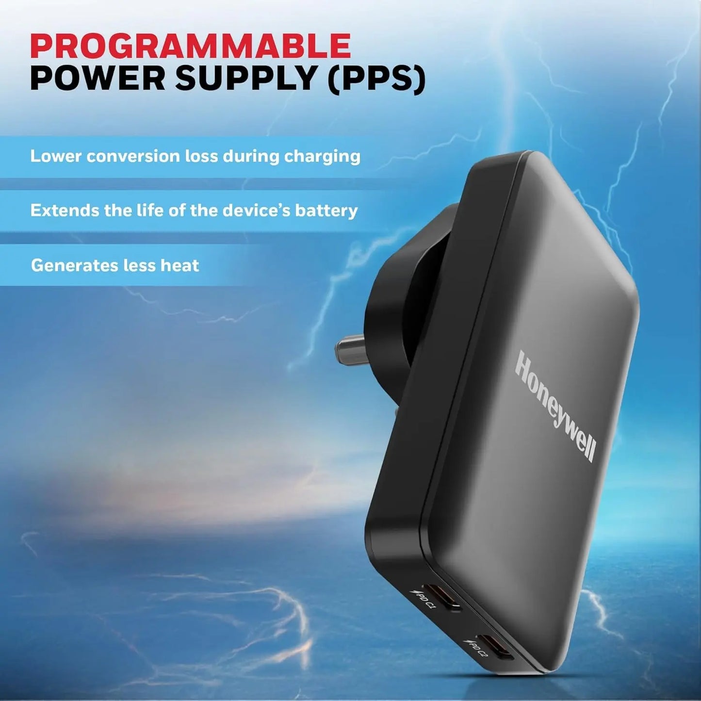 Honeywell Zest Ultra-Thin GaN 65W Dual Type-C PD 3.0 Wall Charger with PPS Support, Ultra-Fast Charging, Compatible with iPhone, iPad Pro, Pixel, Galaxy, OnePlus, Tablets & Smartwatches