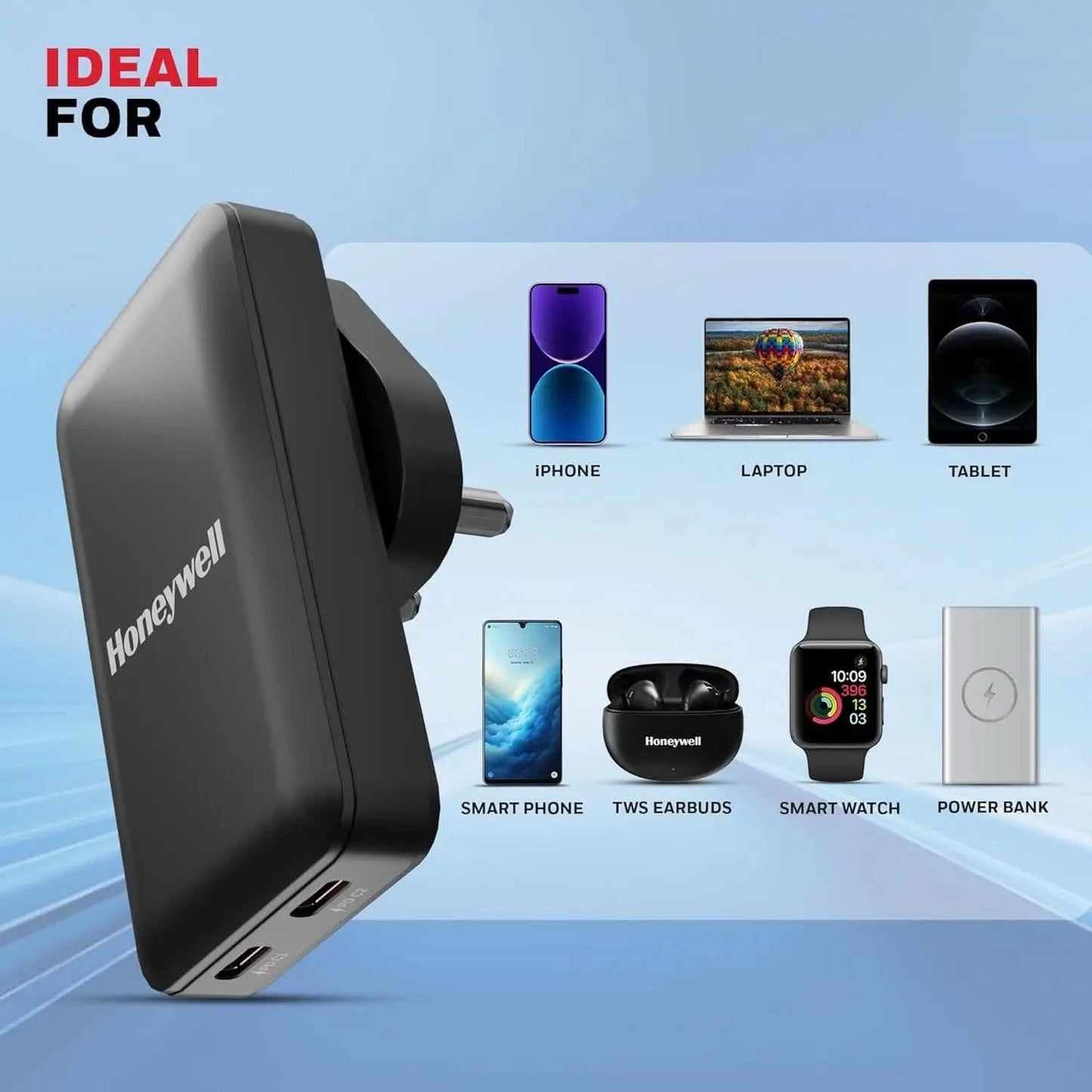 Honeywell Zest Ultra-Thin GaN 65W Dual Type-C PD 3.0 Wall Charger with PPS Support, Ultra-Fast Charging, Compatible with iPhone, iPad Pro, Pixel, Galaxy, OnePlus, Tablets & Smartwatches
