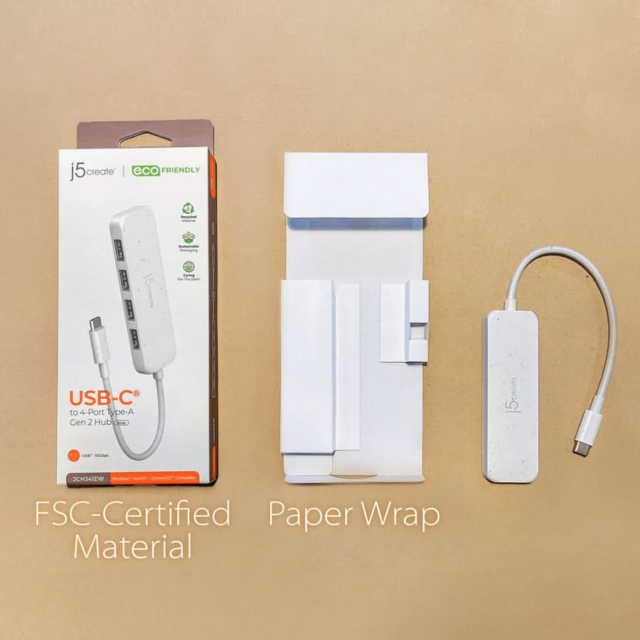 J5CREATE ECO-FRIENDLY USB-C to 4-Port Type-A Gen 2 Hub