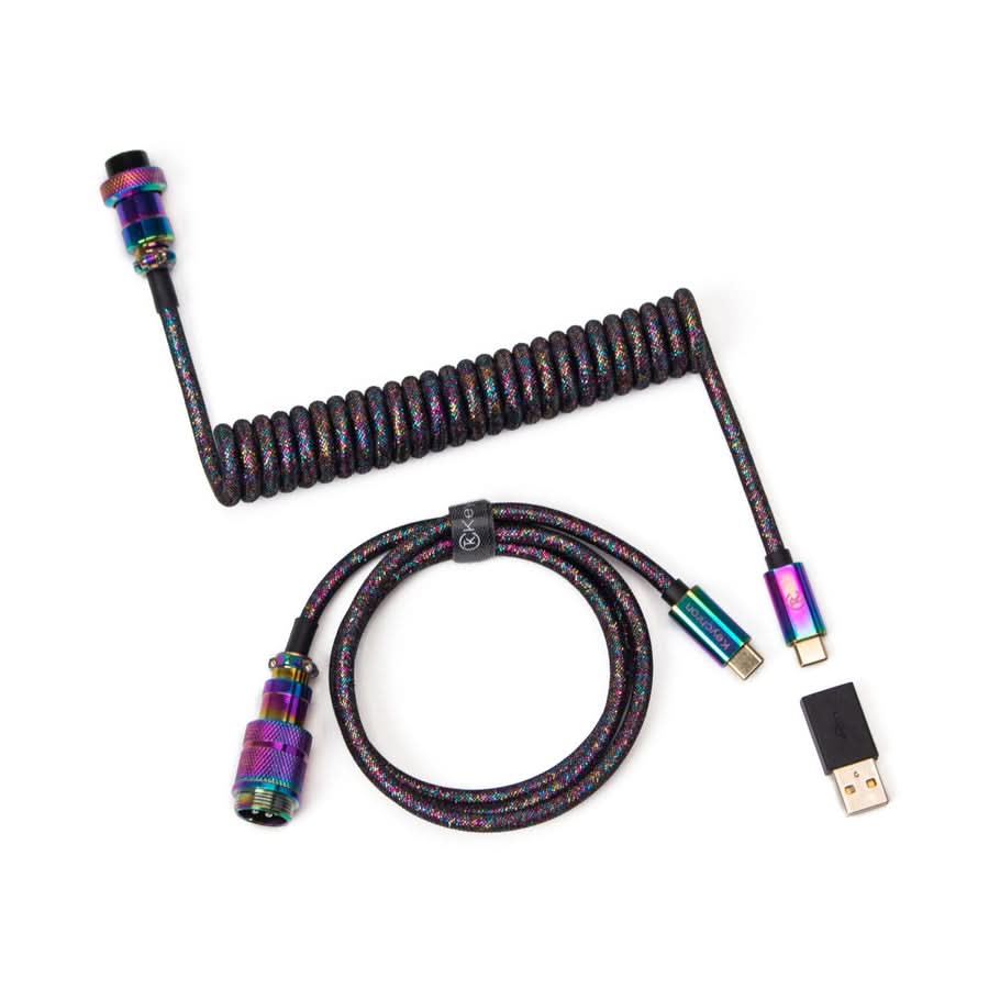 Keychron Premium Coiled Aviator Cable, USB Type-C, 5-Pin GX16, 108cm, Rainbow Plated Black