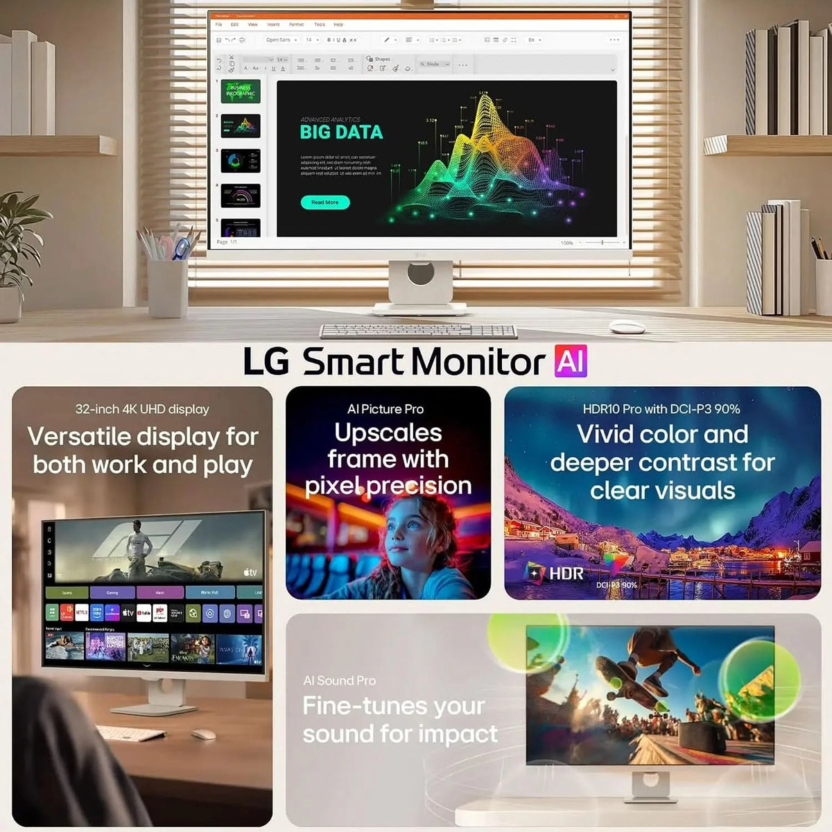 LG 32U721SB 32 Inch UHD 3-Sided Virtually Borderless Smart Monitor White