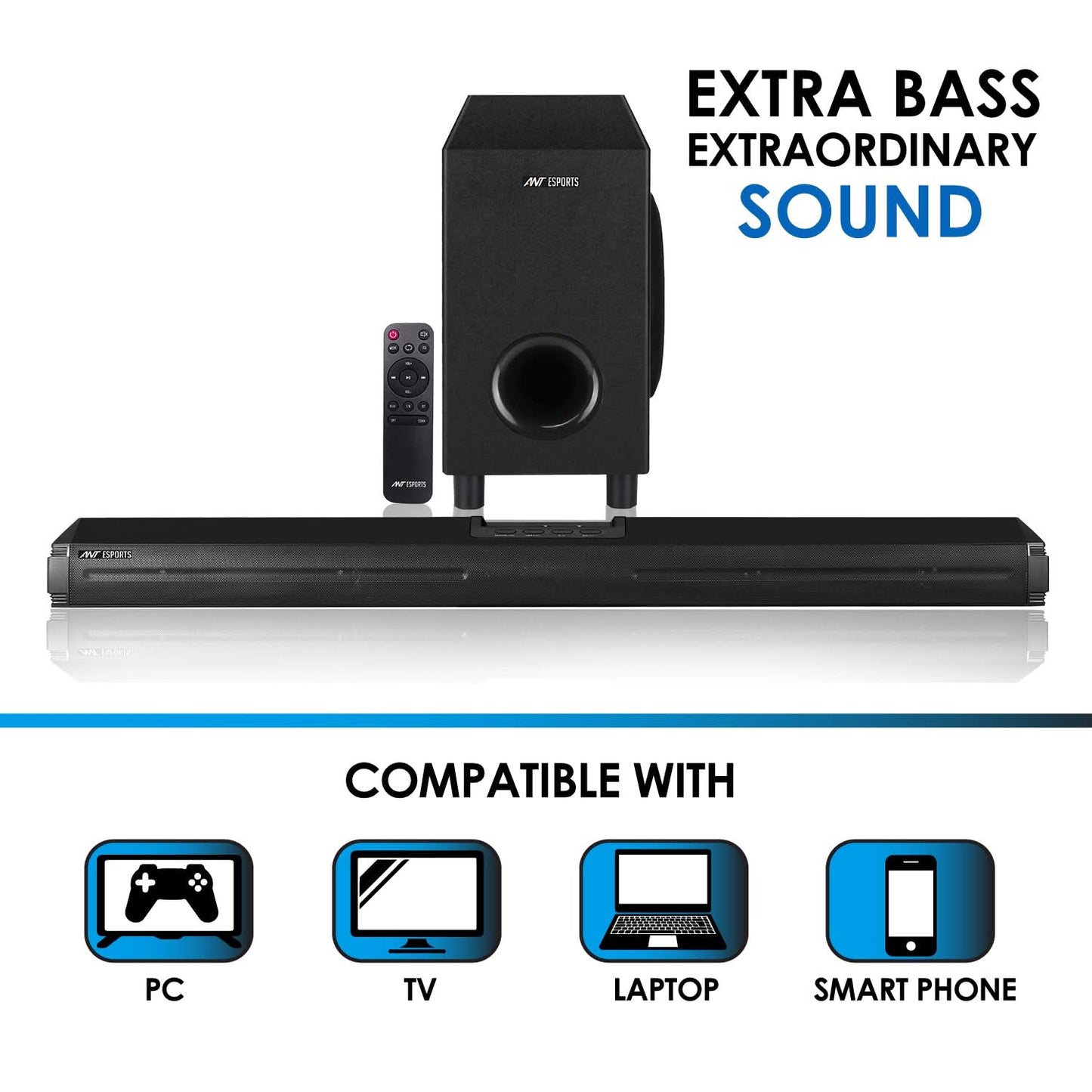 ANT ESPORTS SBW300 300 WATTS SOUNDBAR WITH WIRED 8-INCH SUBWOOFER WITH REMOTE CONTROL BLACK (R-41271349)ESD-20231211321