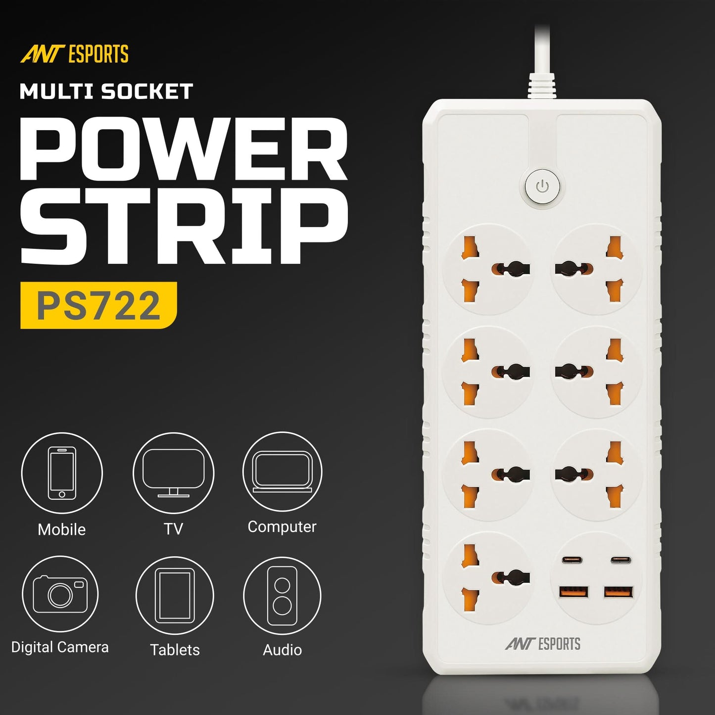 ANT ESPORTS PS722 UNIVERSAL POWER STRIP WITH USB & TYPE C WITH 7 UNIVERSAL SOCKETS, 3 METERS CABLE