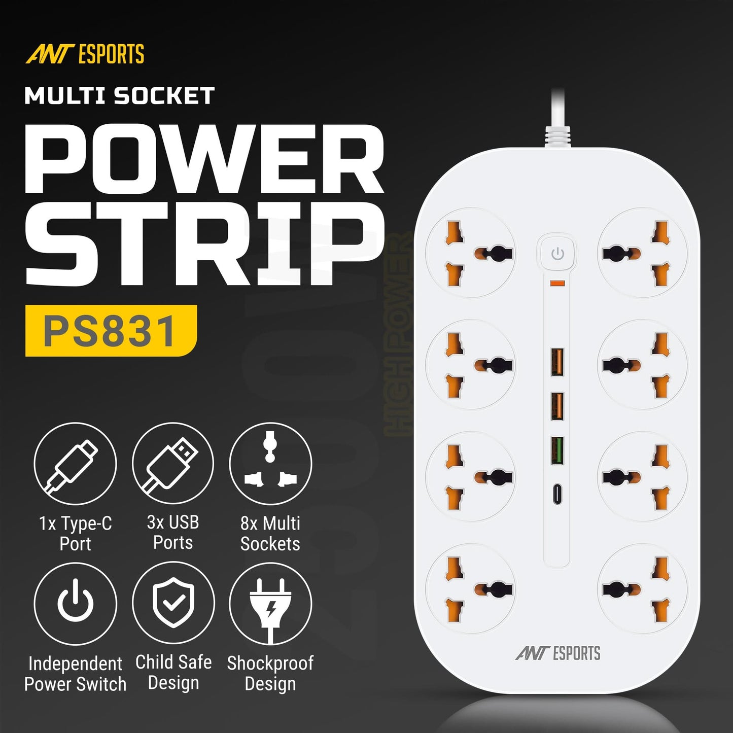 ANT ESPORTS PS831 UNIVERSAL POWER STRIP WITH USB & TYPE C WITH 8 UNIVERSAL SOCKETS, 3 METERS CABLE