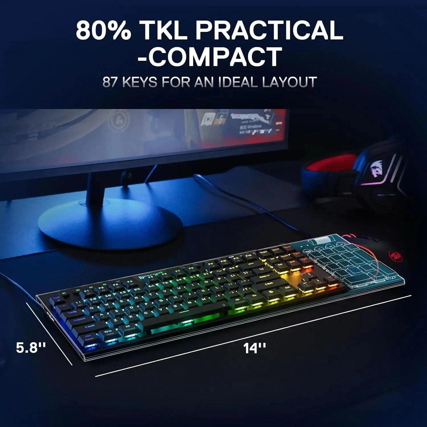 Redragon K621 Horus TKL RGB Mechanical Keyboard, 5.0 BT/2.4 Ghz/Wired Three Modes 80% Ultra-Thin Low Profile & Linear Red Switches, Black