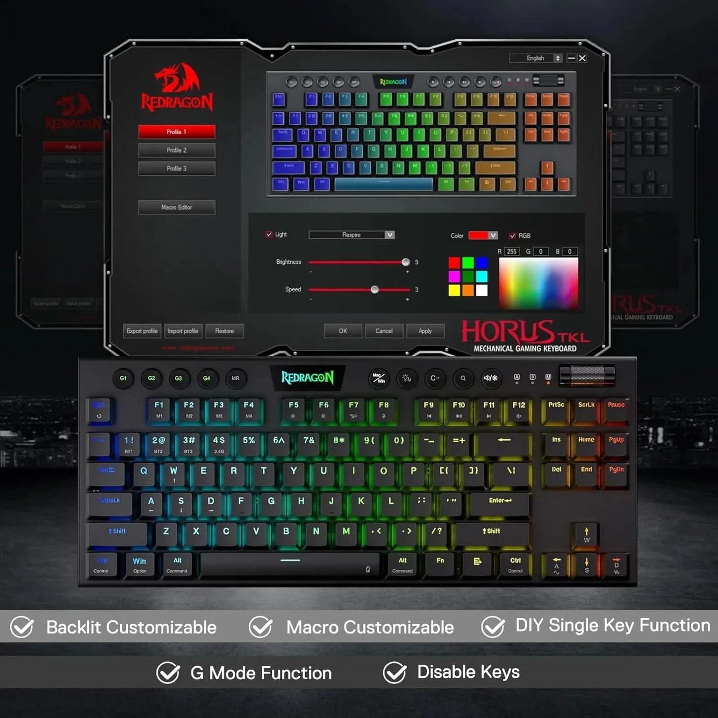 Redragon K621 Horus TKL RGB Mechanical Keyboard, 5.0 BT/2.4 Ghz/Wired Three Modes 80% Ultra-Thin Low Profile & Linear Red Switches, Black