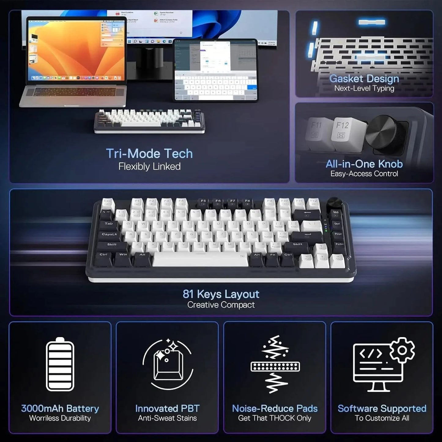 Redragon K673 PRO 75% Wireless Gasket RGB Gaming Keyboard, 3-Modes 81 Keys Compact Mechanical Keyboard Dedicated Knob Control & Sound Absorbing Pads (Linear Red Switch)