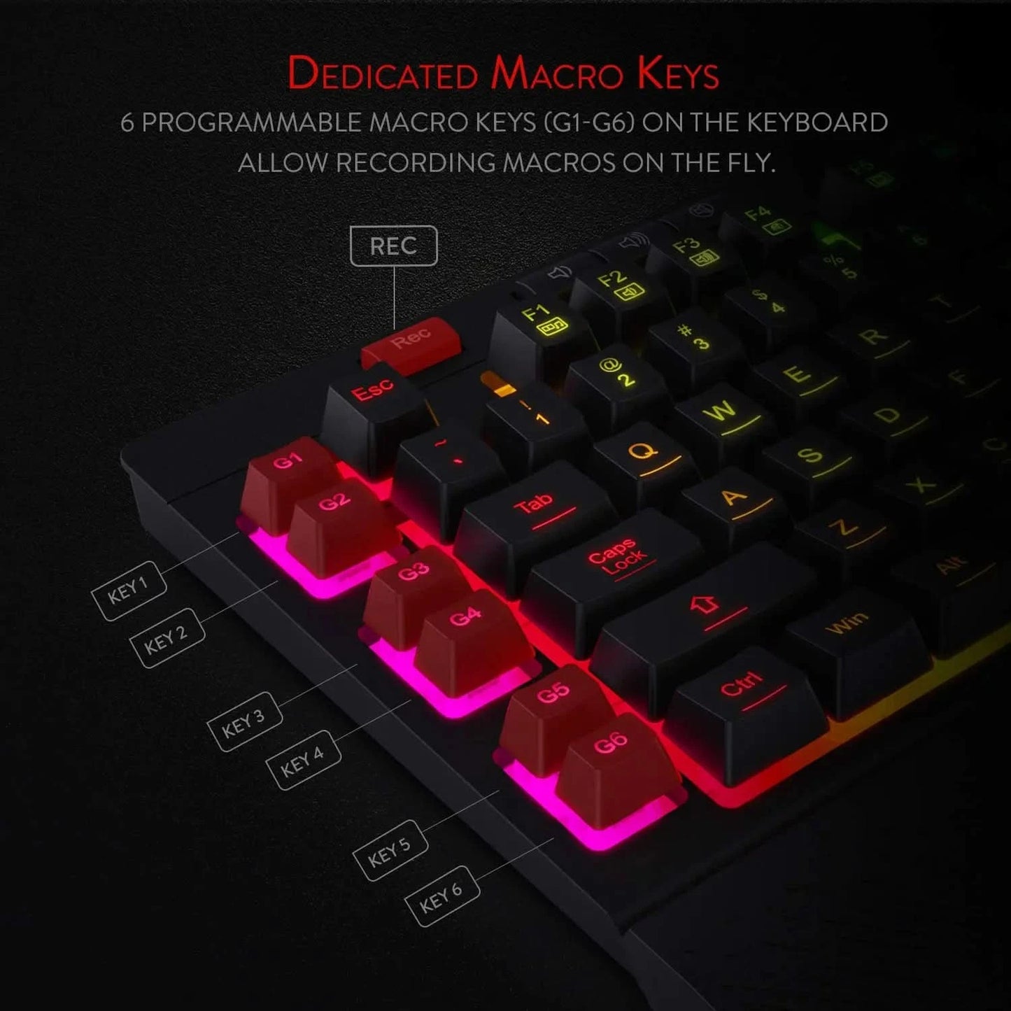 Redragon Shiva K512 RGB Backlit Membrane Wired Gaming Keyboard with Multimedia Keys, 6 Extra On-Board Macro Keys, Dedicated Media Control (Black)