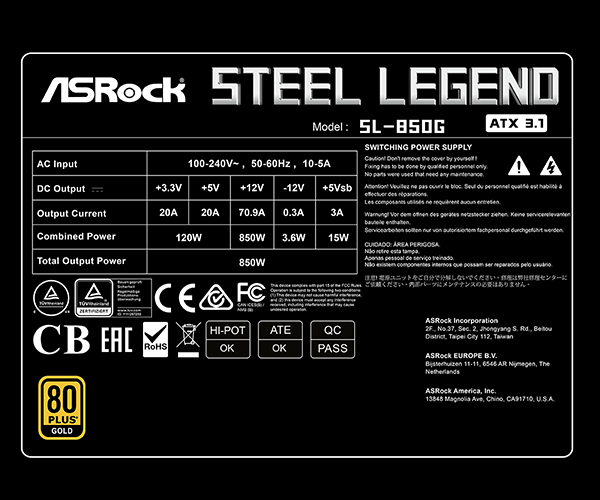 ASRock Steel Legend SL-850G 850W 80 Plus Gold Fully Modular Power Supply