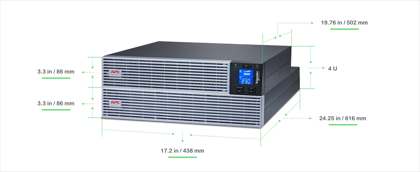 APC EASY UPS ON-LINE SRVL3KRIL-IN - 3000VA/ 2700W | 230V | 4 INDIA 3-PIN 6A +1 HARD WIRE (1P+N+E) OUTLETS | LITHIUM-ION | RACK/TOWER 4U | INTELLIGENT CARD SLOT | VISUAL LCD AND AUDIBLE ALARMS | EXTENDED RUNTIME,W/O RAIL KIT | 3 YEARS WARRANTY ON UPS