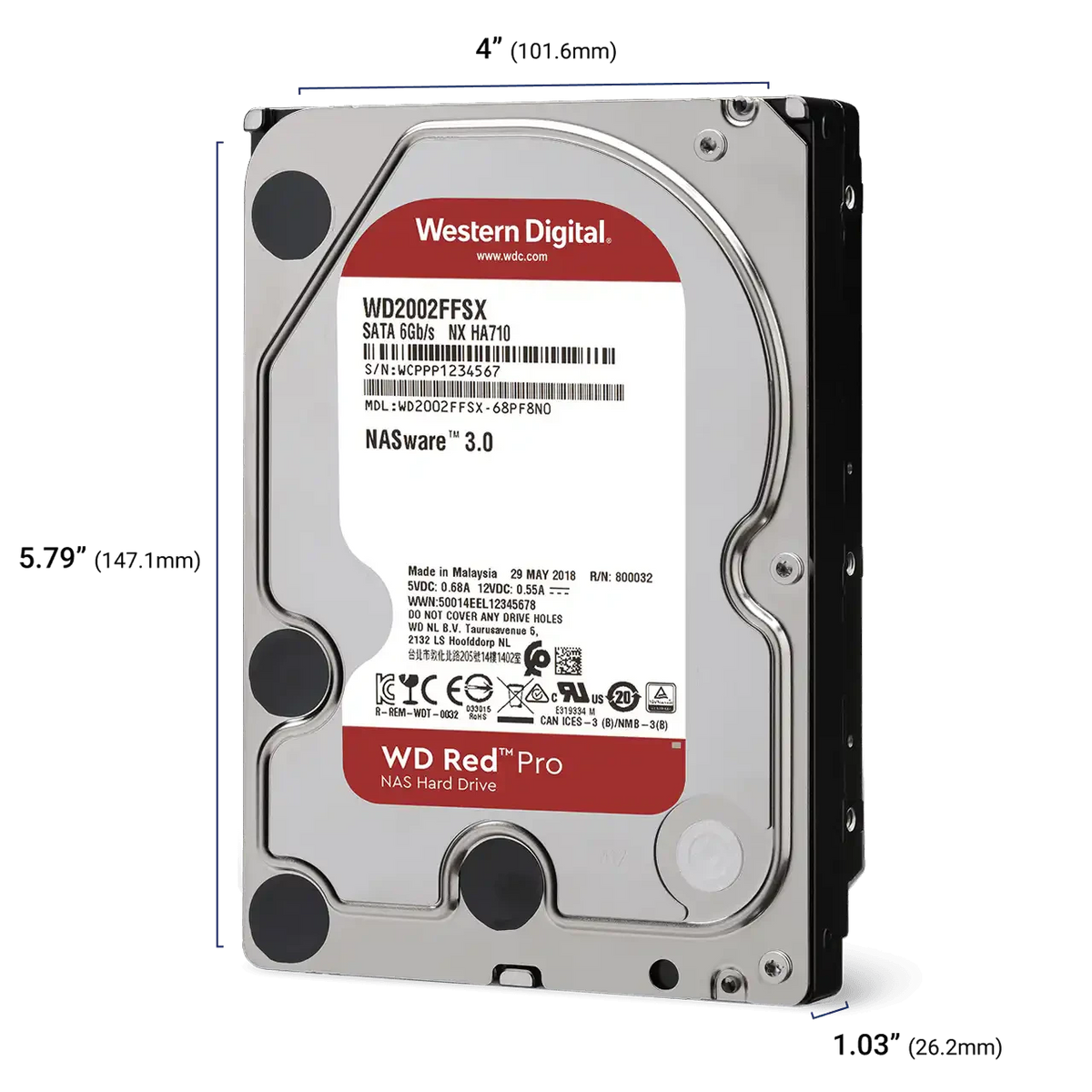 Western Digital 26TB WD Red Pro NAS Internal Hard Drive HDD - 7200 RPM, SATA 6 Gb/s, CMR, 512 MB Cache, 3.5" - WD260KFGX