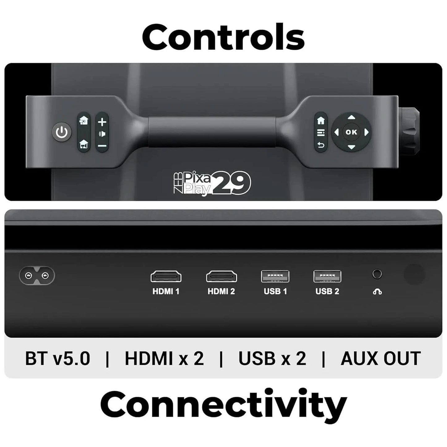 ZEBRONICS PIXAPLAY 29, Smart Projector, 14500 Lumens, Dolby Audio, 4K Support, 200 Inch Screen Size, Supports Bluetooth, HDMI, USB, WiFi, 1080p Native, Auto Focus, Keystone, APP Support, Miracas