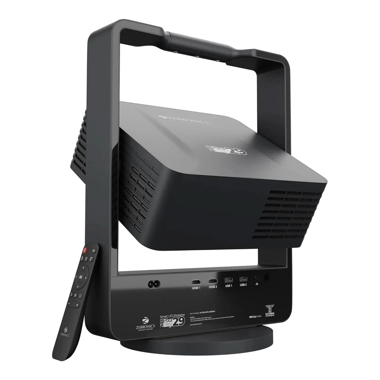 ZEBRONICS PIXAPLAY 29, Smart Projector, 14500 Lumens, Dolby Audio, 4K Support, 200 Inch Screen Size, Supports Bluetooth, HDMI, USB, WiFi, 1080p Native, Auto Focus, Keystone, APP Support, Miracas