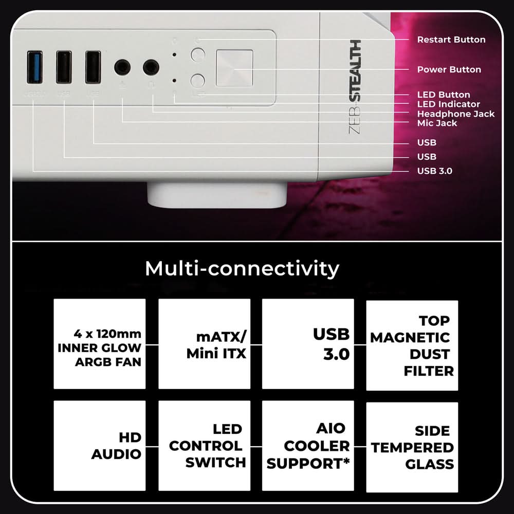ZEBRONICS Stealth ARGB MATX Mini Tower Cabinet ( White )