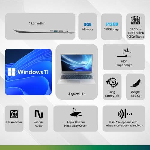 Acer Aspire Lite, AMD Ryzen 3 7330U processor, 8 GB RAM, 512 GB SSD, Full HD, 15.6"/39.62 cm, Windows 11 Home, Steel Gray, 1.59 kg, AL15-41, Thin and Light Laptop UN.31ZSI.045