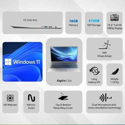 Acer Aspire Lite, AMD Ryzen 5 7430U processor Laptop (Windows 11 Home/16 GB RAM/512 GB SSD/AMD Radeon Graphics/Microsoft Office)AL15-41 with 39.6 cm (15.6")Full HD IPS Display, Steel Gray ,1.59 kg UN.31ZSI.039